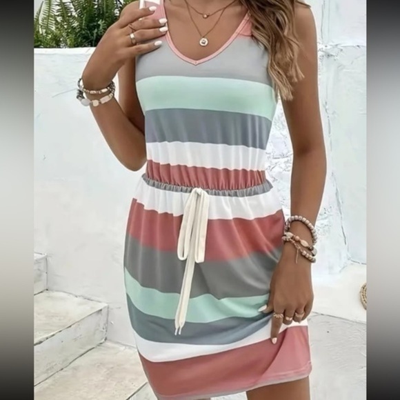 Women’s Drawstring Colorblock V Neck Tank Knit Dress - Size XL - NWT - Picture 1 of 4